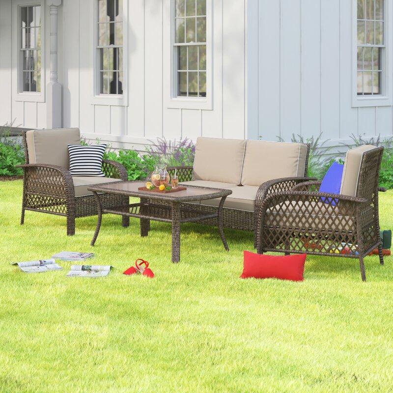  4 Piece Rattan Sofa Seating Group with Cushions